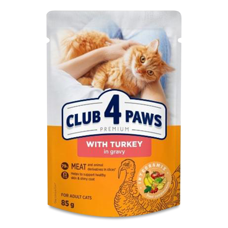 Корм д/дорослих котів Преміум з індичкою в желе 85г пауч Клуб 4 лапи