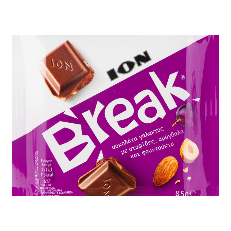 Шоколад молочний з родзинками, мигдалем та лісовими горіхами Ion Break м/у