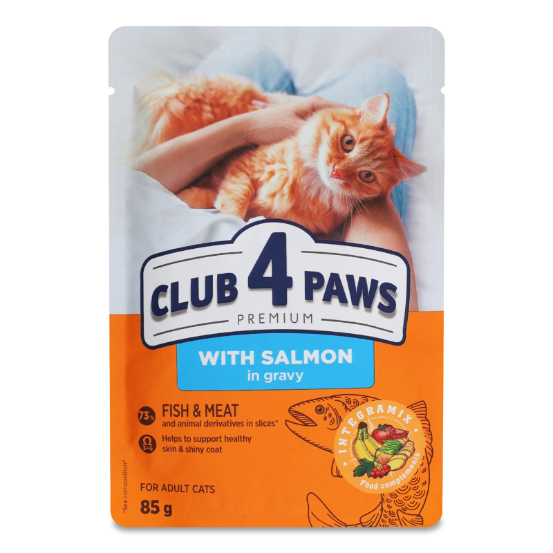 Корм д/дорослих котів Premium з лососем в соусі 85г пауч Club 4 Paws