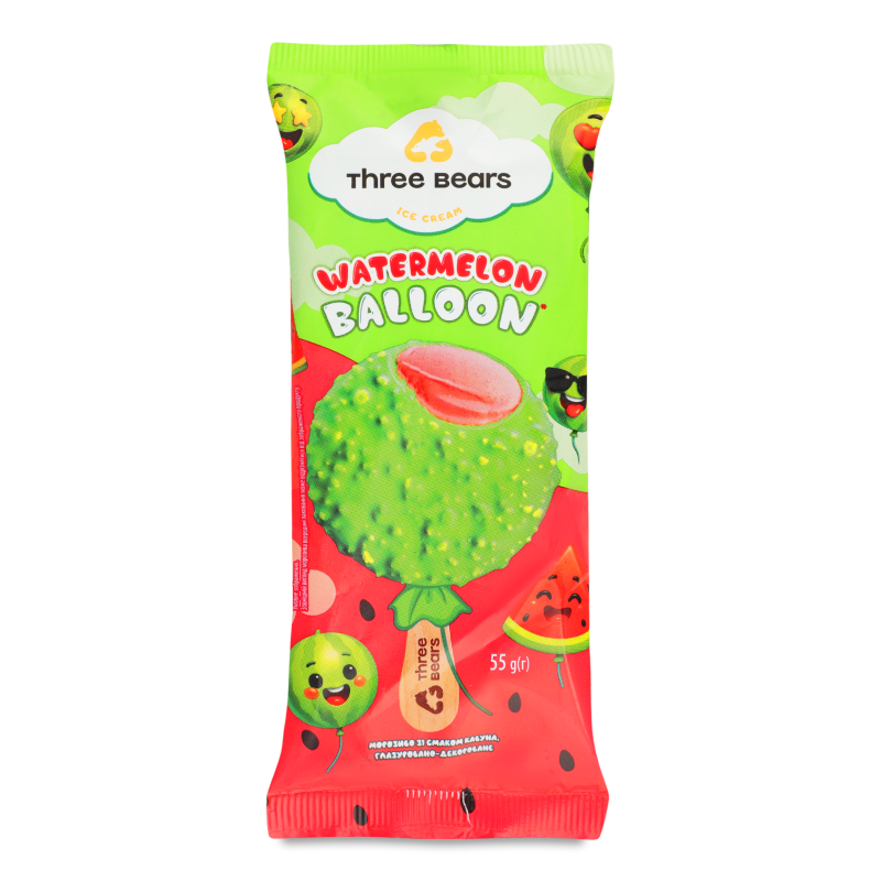 Морозиво Watermelon balloon глазуровано-декороване ескімо 55г Three bears