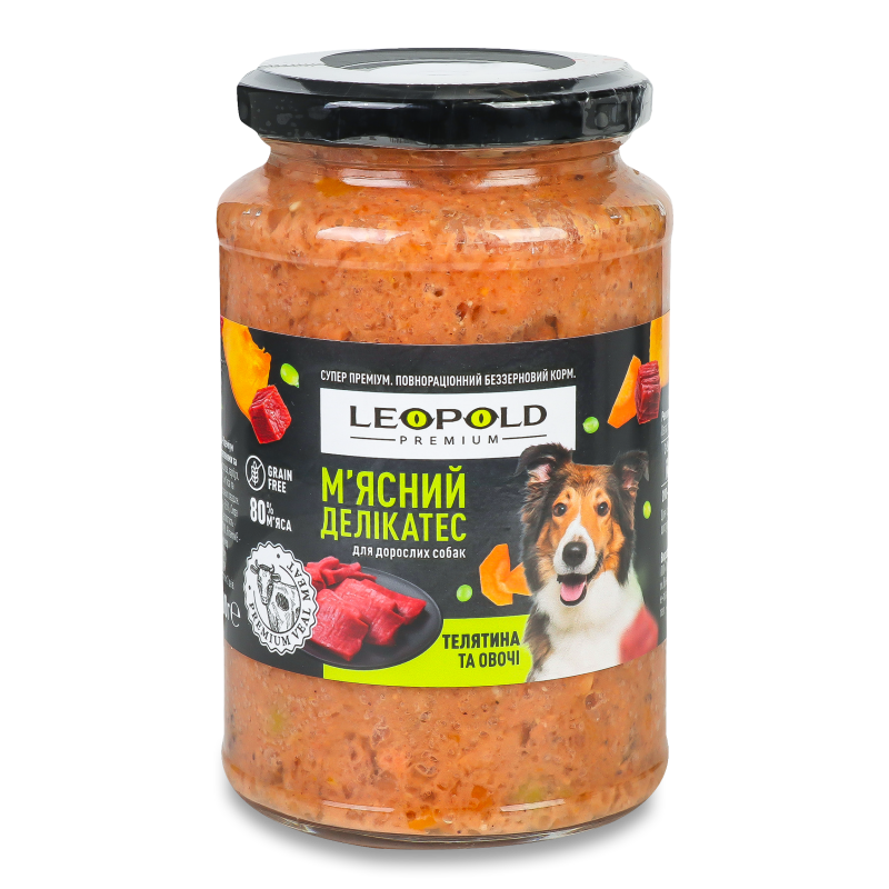 Корм д/собак М’ясний делікатес Преміум беззерновий з телятиною та овочами 400г твіст/б Леопольд