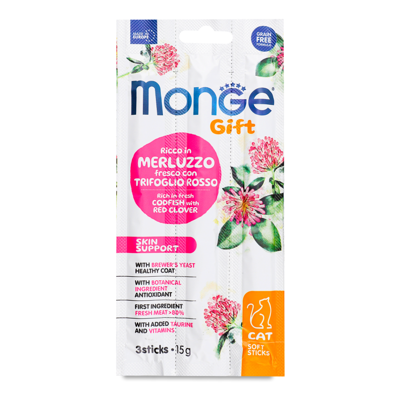 Ласощі д/котів Gift Skin support Тріска та червона конюшина 15г стік Monge