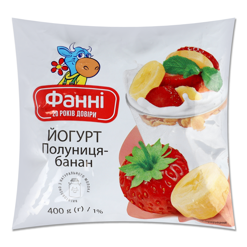 Йогурт питний Полуниця-банан 1% 400г п/е Фанні