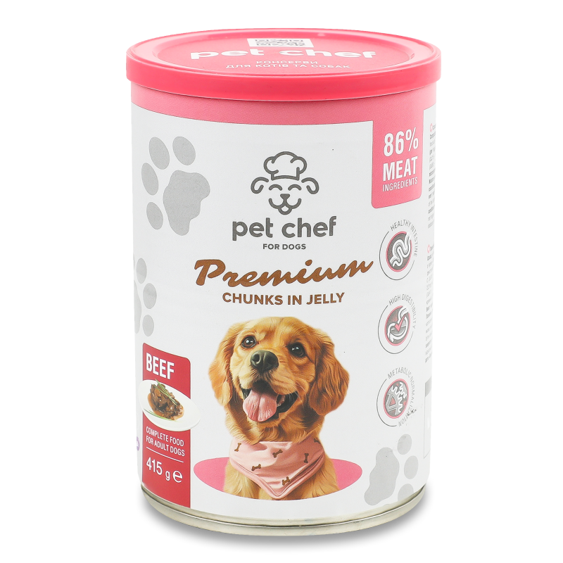 Корм д/дорослих собак Premium шматочки з яловичиною в желе 415г ж/б Pet Chef