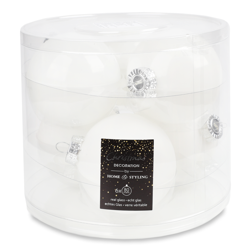 Набір куль новорічних білих скло 8см 6шт ARB104530