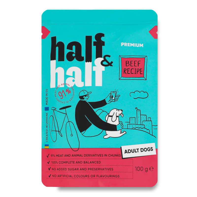 Корм д/дорослих собак з яловичиною в соусі 100г пауч Half&Half