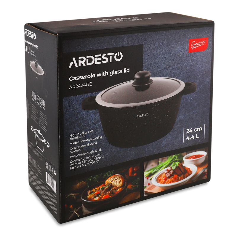 Каструля Gemini Anzio 4,4л чорний алюміній з скляною кришкою Ardesтo