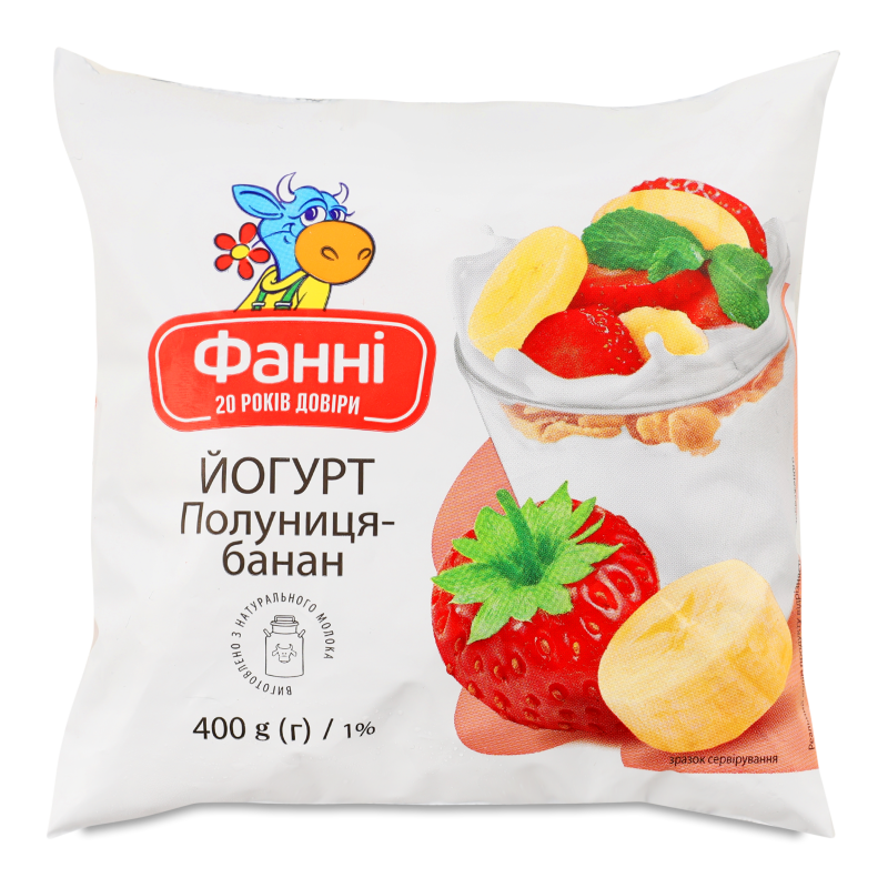 Йогурт питний Полуниця-банан 1% 400г п/е Фанні