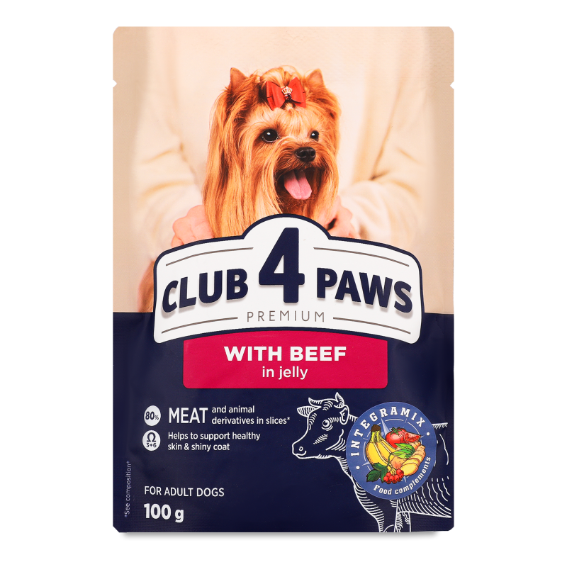 Корм д/дорослих собак Premium з яловичиною в желе 100г пауч Club 4 Paws
