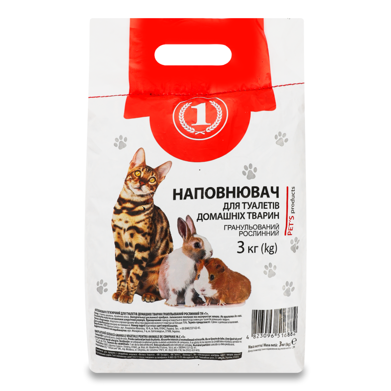 Наповнювач гігієнічний д/туалетів домашніх тварин гранульований рослинний 3кг ТМ “1”