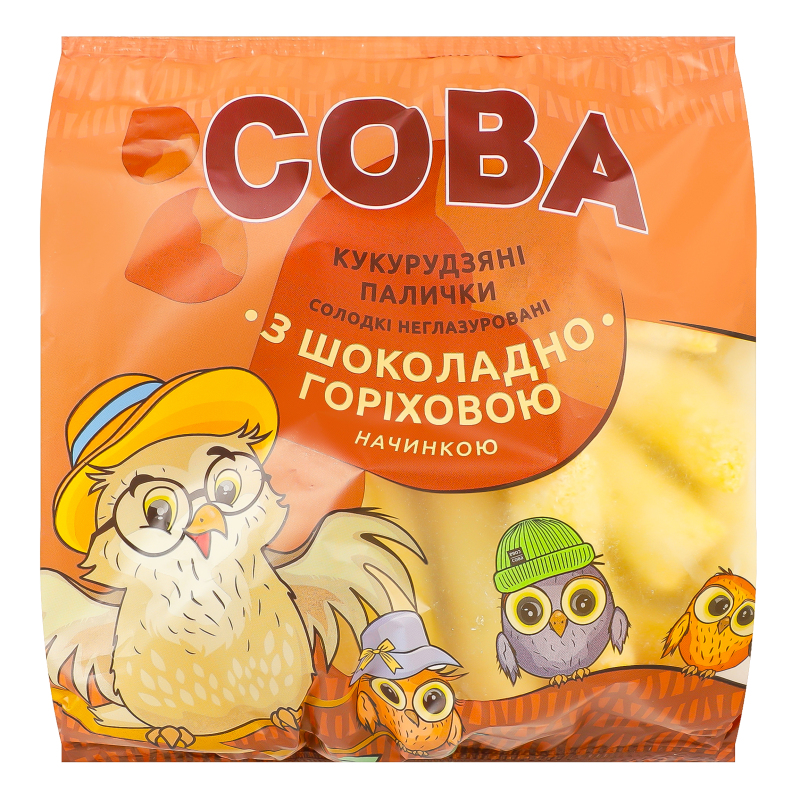 Палички солодкі неглазуровані кукурудзяні з шоколадно-горіховою начинкою Сова м/у