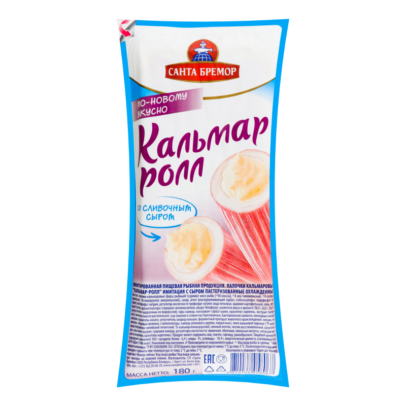 Палочки кальмаровые с творогом Кальмар-ролл Санта Бремор охл в/у 180г ...