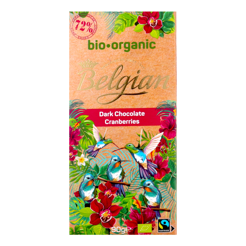 Шоколад 72% чорний зі шматочками журавлини Organic The Belgian к/у
