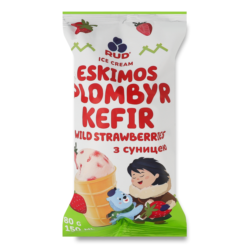 Морозиво Eskimos Пломбір Кефір з суницею вафельний стакан 80г Rud