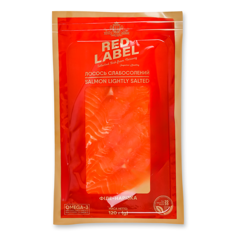 Лосось філе с/с на шкірі нарізка 120г в/у Red Label
