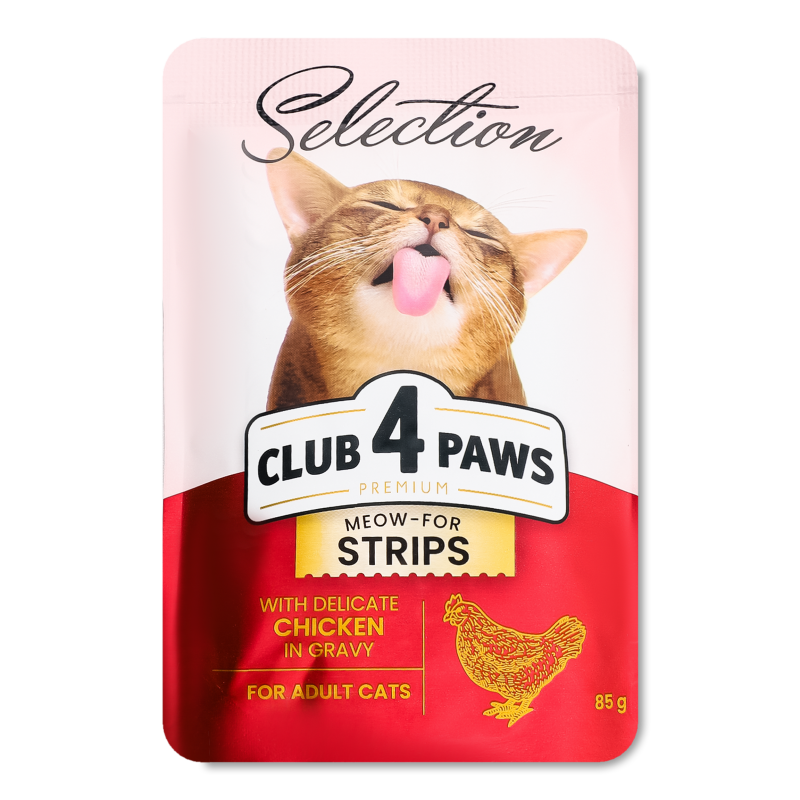 Корм д/дорослих котів Преміум Селекшн смужки з куркою в соусі 85г пауч Клуб 4 лапи
