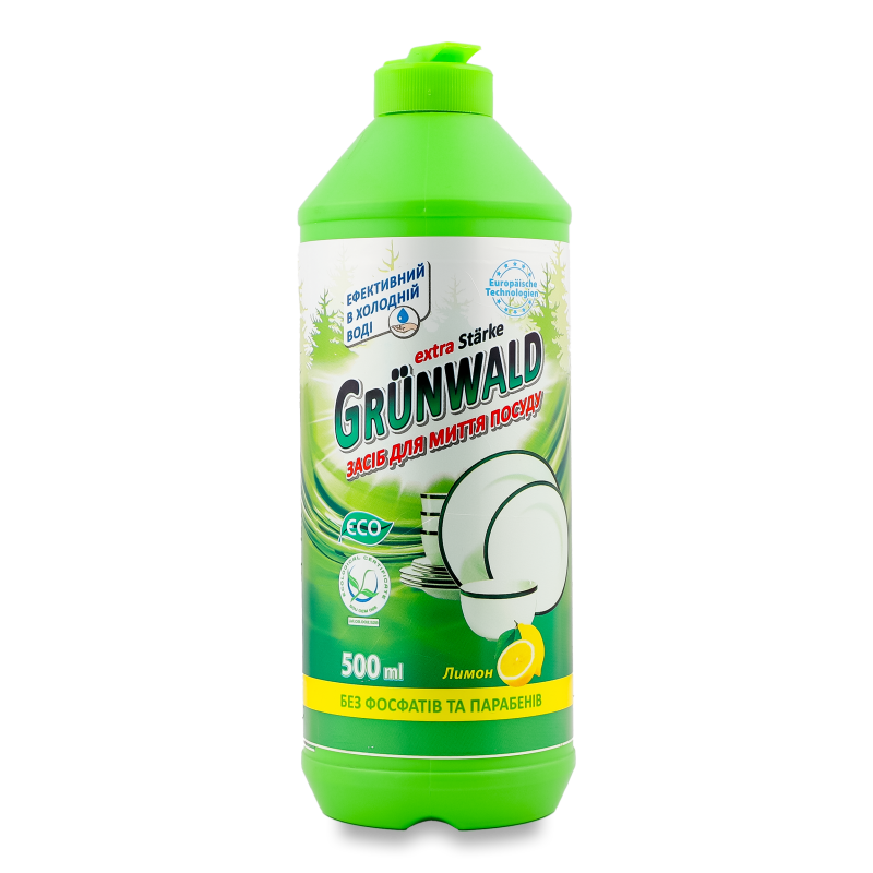 Засіб д/миття посуду з ароматом Лимон 500мл Грюнвальд