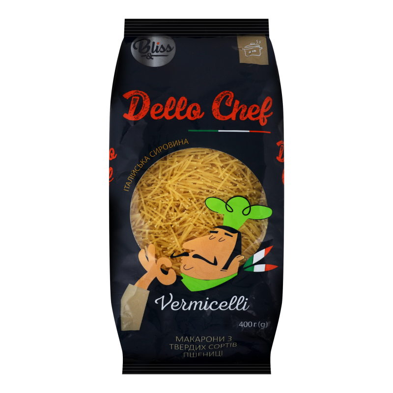 Вироби макаронні з твердих сортів пшениці Вермішель тонка коротка Dello Chef Bliss м/у
