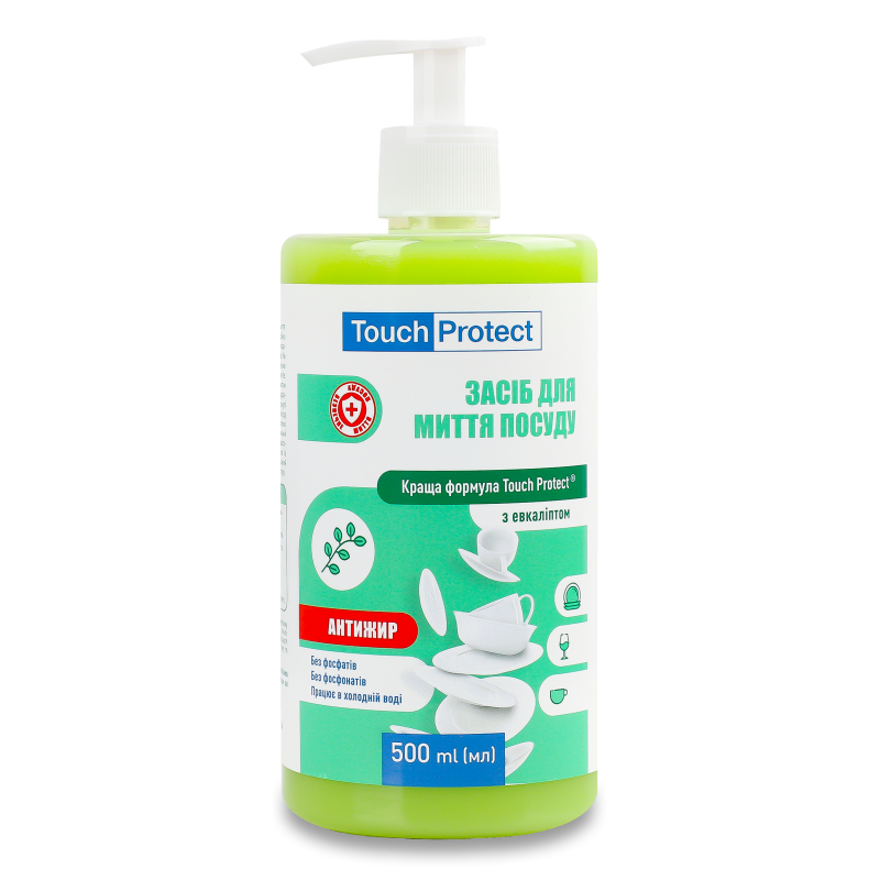 Засіб д/миття посуду Антижир з евкаліптом 500мл з дозатором Тач Протект