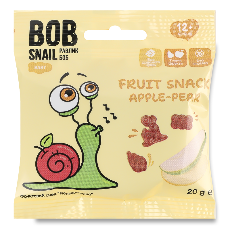 Снек фруктовий дитячий Яблуко-Груша від 12місяців 20г Bob Snail