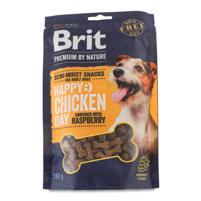 Ласощі д/cобак Снеки Chicken day з куркою та малиною напіввологі 180г д/п Brit Premium by Nature