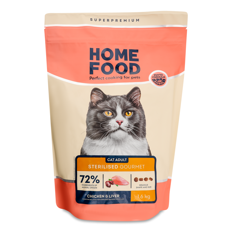 Корм д/дорослих стерилізованих вибагливих котів Chicken&Liver сухий 1,6кг Home Food