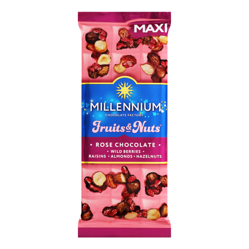 Шоколад білий з мигдалем лісовими горіхами ягодами та родзинками Fruits&Nuts Rose Millennium м/у