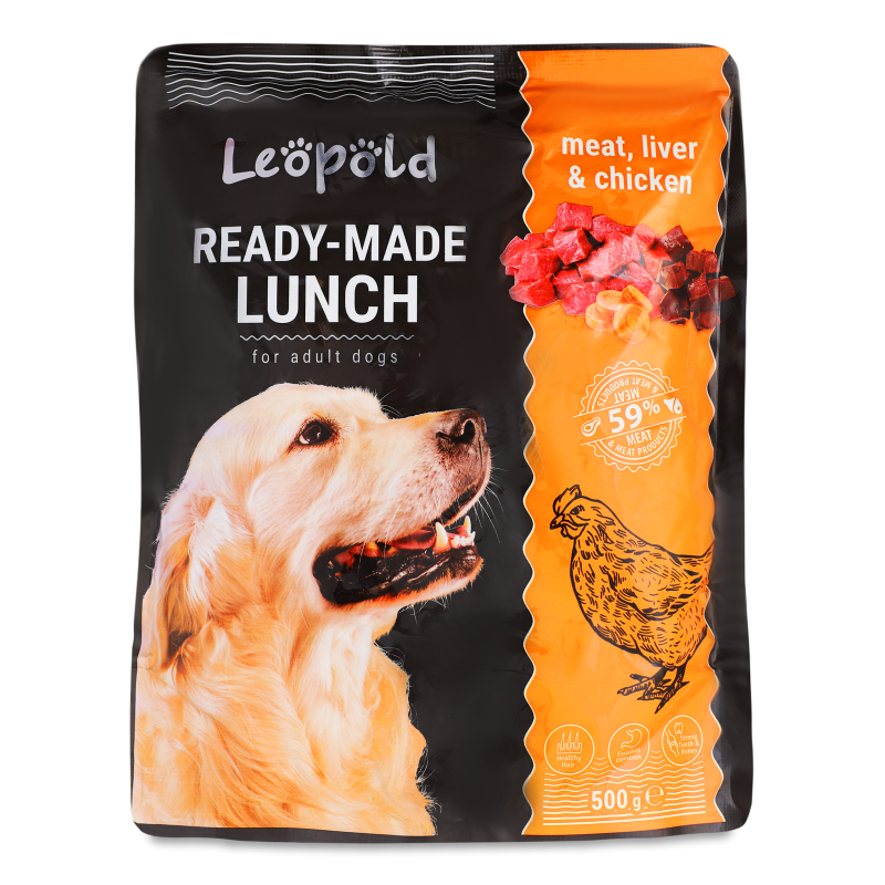 Корм д/собак Готовий обід з м”ясом печінкою та куркою 500г пауч Леопольд