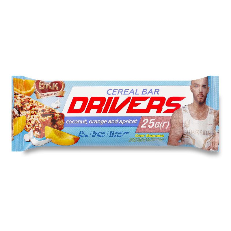 Батончик зерновий Drivers з кокосом апельсином та абрикосом 25г БКК