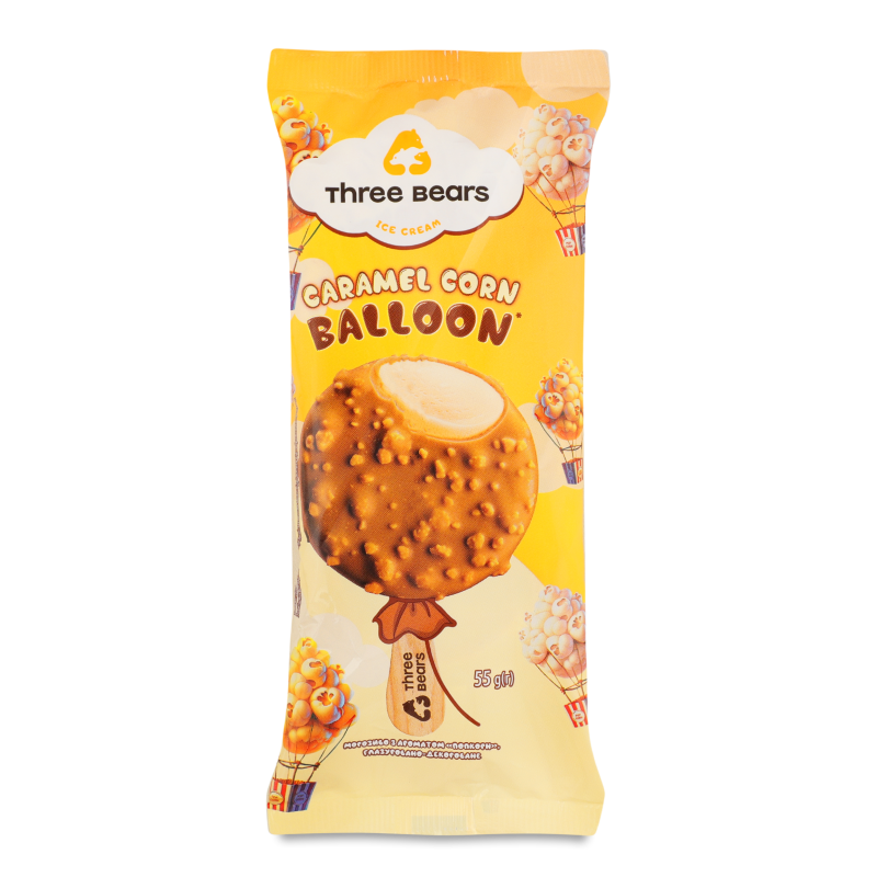 Морозиво Caramel corn Balloon глазуровано-декороване ескімо 55г Three bears