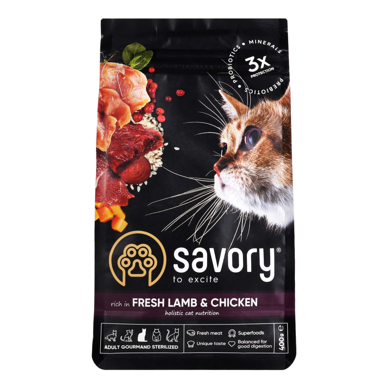 Корм сухой для взрослых стерилизованных кошек Fresh Lamb&Сhicken Savory ...
