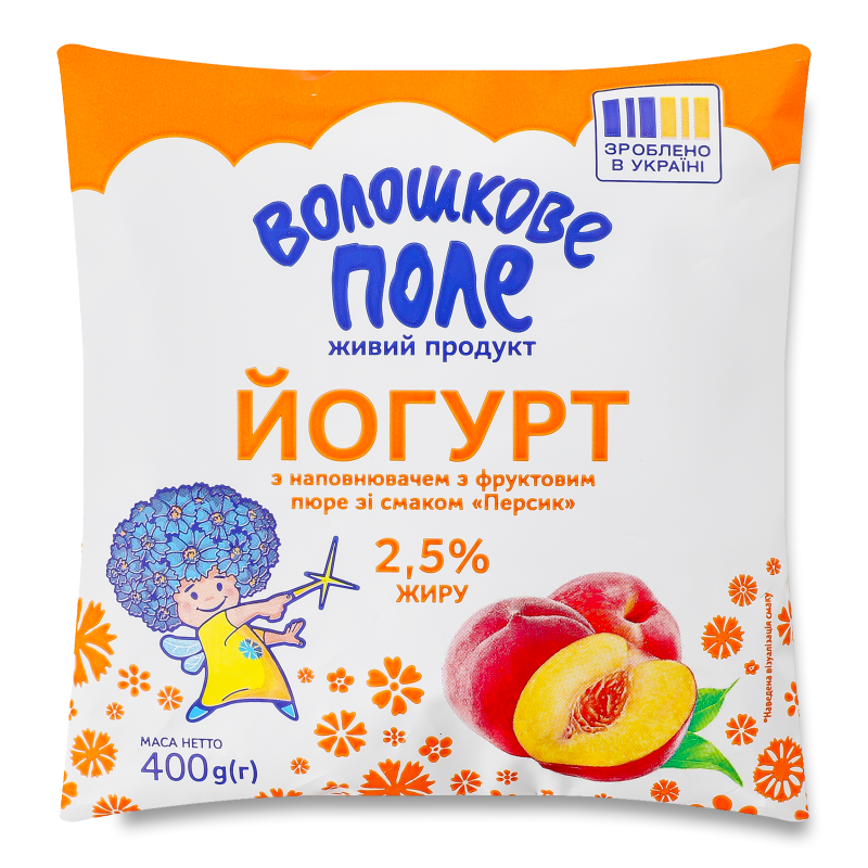 Йогурт питний з фруктовим пюре з смаком Персик 2,5% 400г плівкаВолошкове поле