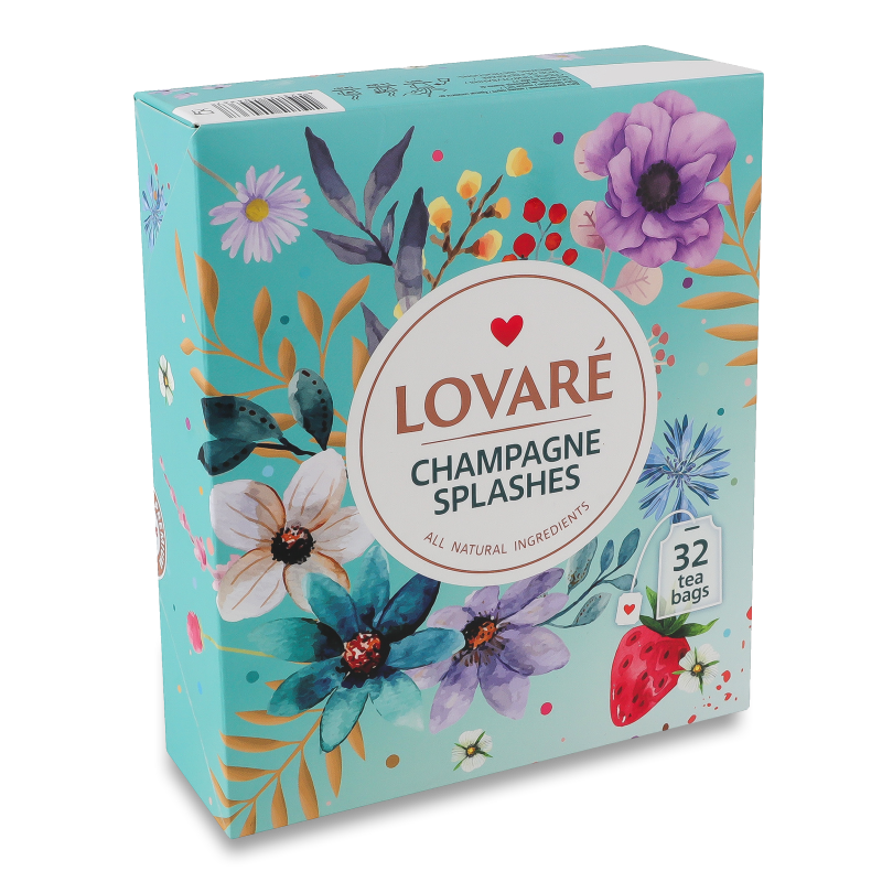 Чай Бризки шампанського чорний та зелений з ягодами пелюстками квітів таароматом суниці 32*2г Lovare