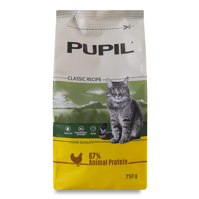 Корм д/котів з куркою печінкою та овочами сухий 750г Pupil