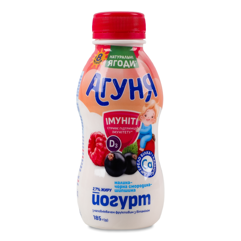 Йогурт питний Імуніті Малина-чорна смородина-шипшина від 8місяців 2,7% 185г пет Агуня