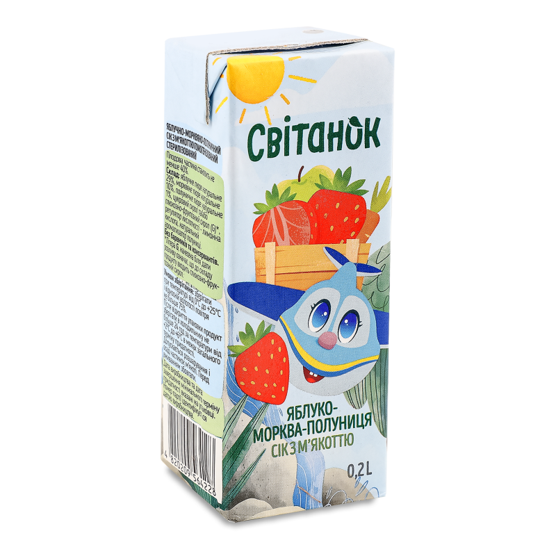 Сік яблучно-морквяно-полуничний з м’якоттю 0,2л т/п Світанок
