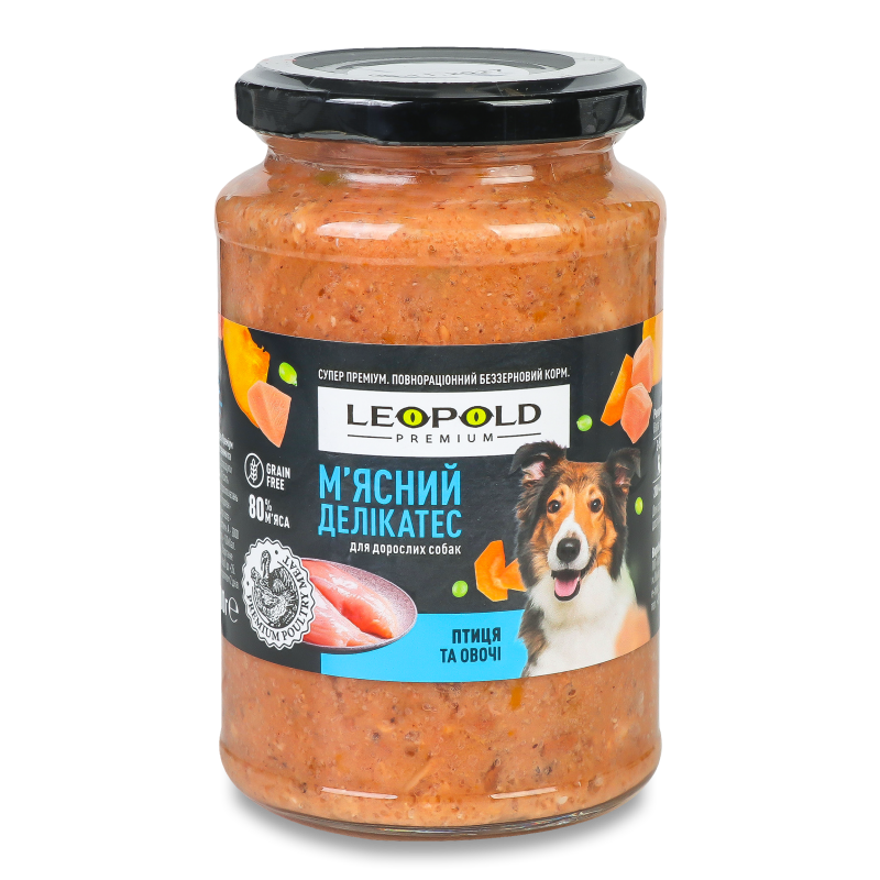 Корм д/собак М’ясний делікатес Преміум беззерновий з птицею та овочами 400г твіст/б Леопольд