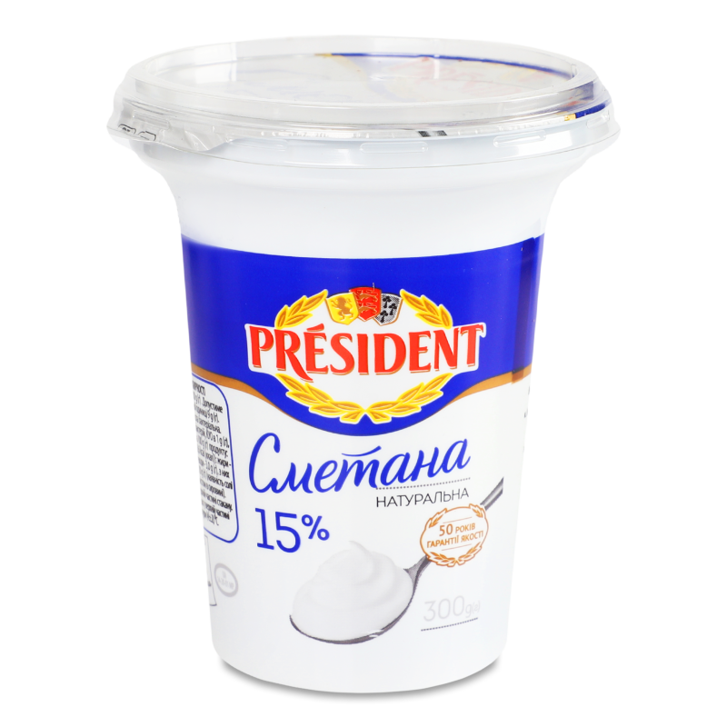 Сметана 15% 300г стакан Президент