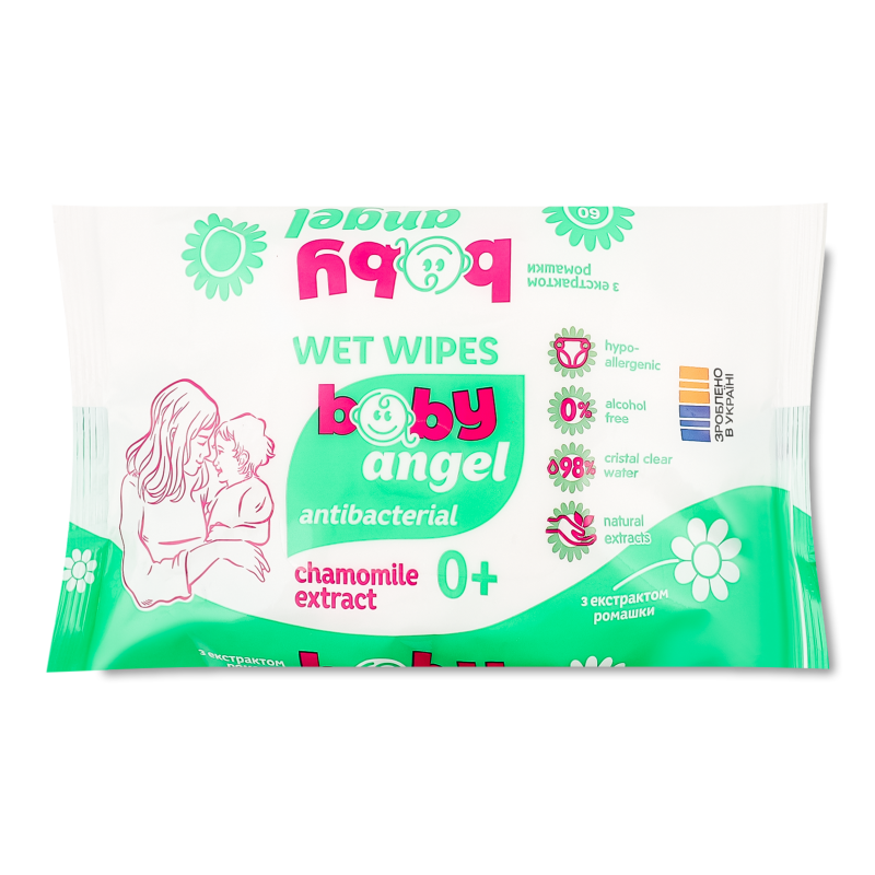 Серветки вологі дитячі Angel антибактеріальні з екстрактом ромашки 60шт Handy Fresh
