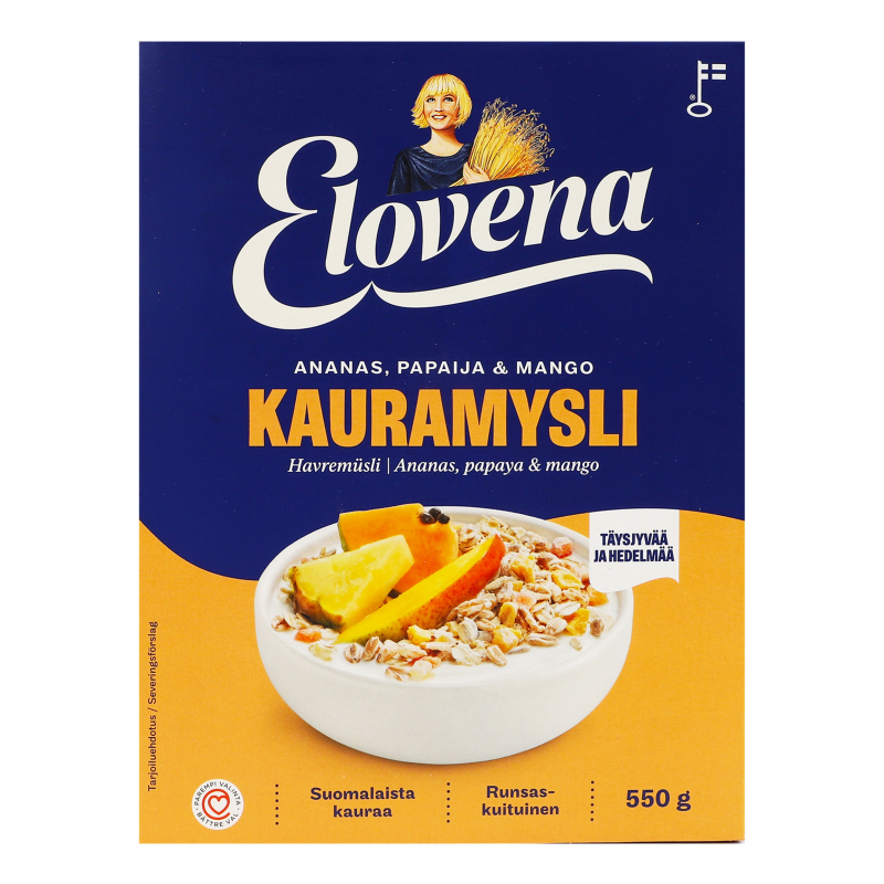 Мюслі вівсяні цільнозернові з ананасом, папаєю та манго Elovena к/у