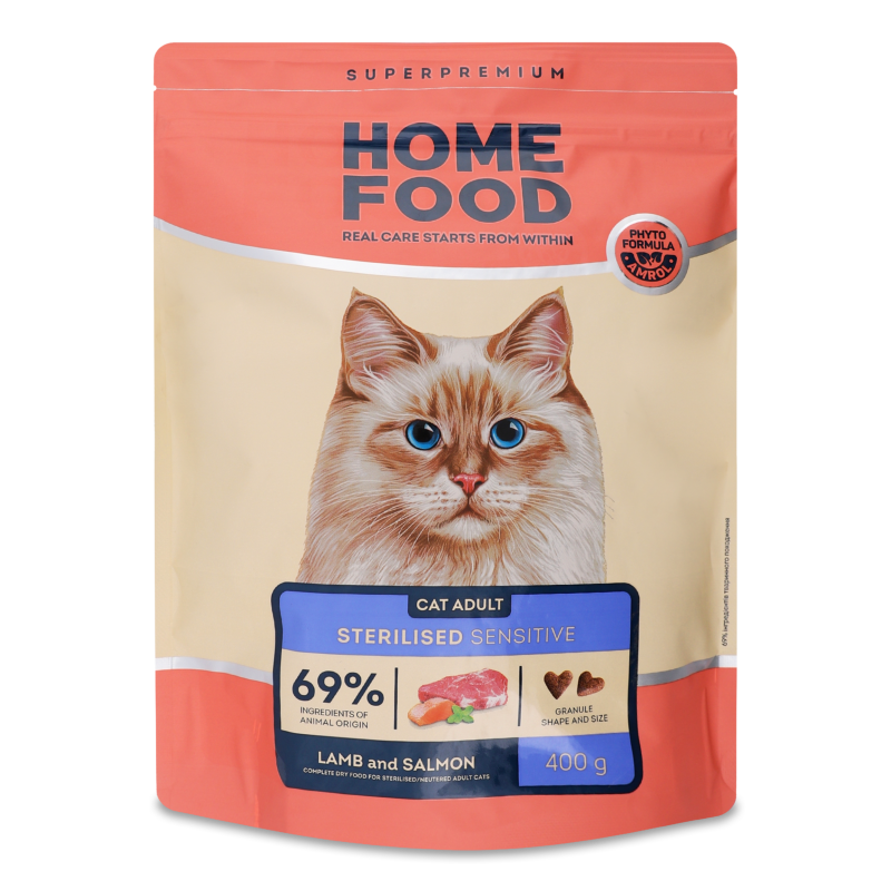 Корм д/дорослих котів з чутливим травленням Ягнятина та лосось сухий 400г Home Food