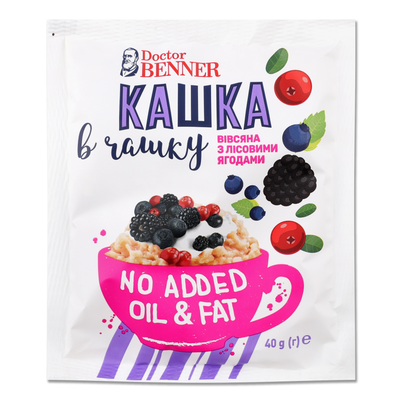 Каша швидкого приготування Кашка в чашку вівсяна з лісовими ягодами 40г Doctor Benner