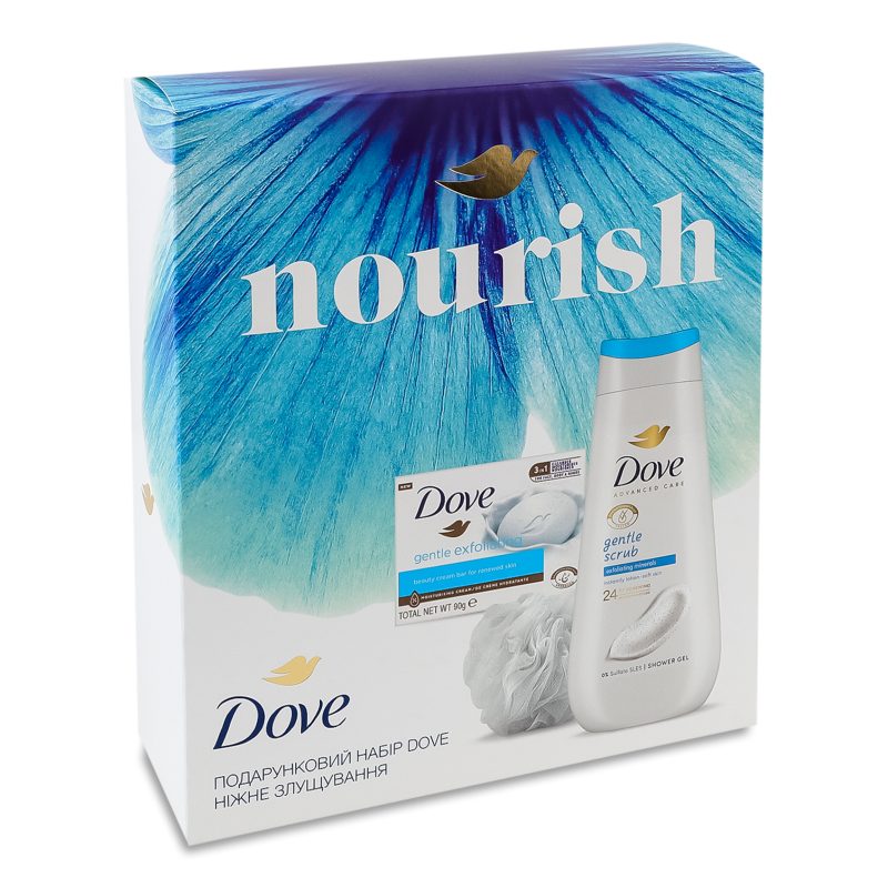 Набір Ніжне злущування Гель д/душу 225мл+Крем-мило 90г+Мочалка банна Dove