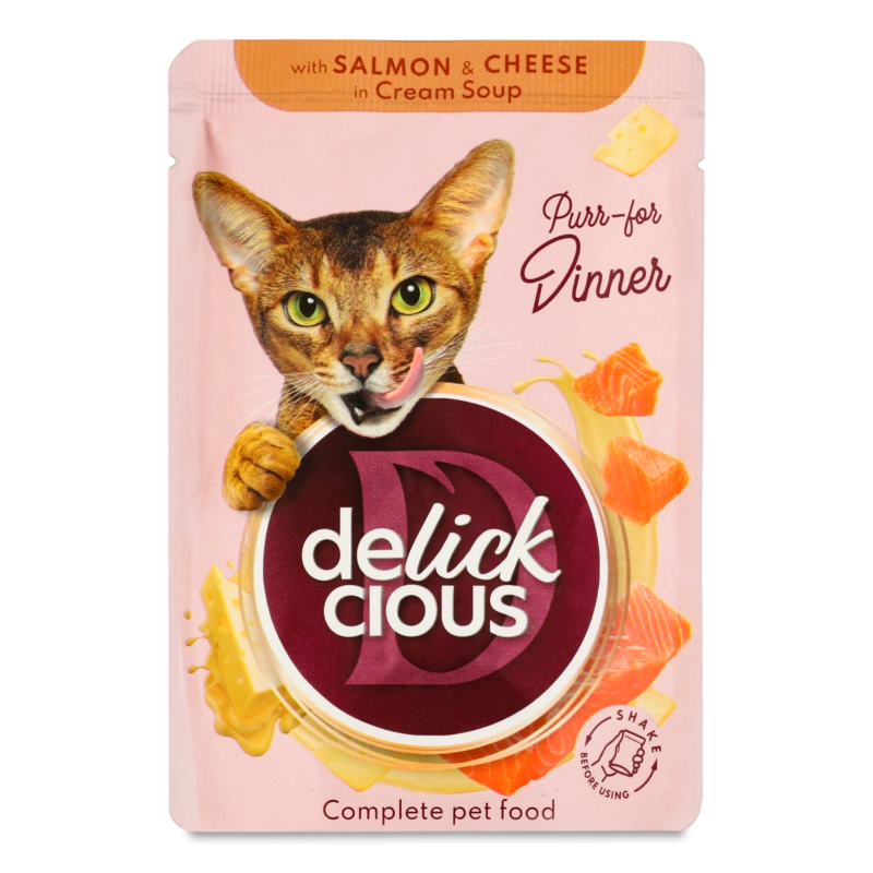 Корм д/дорослих котів Смужки з лососем та сиром в крем-супі 85г пауч Delickcious