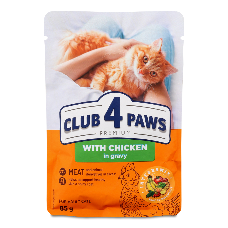 Корм д/дорослих котів Преміум з куркою в соусі 85г пауч Клуб 4 лапи