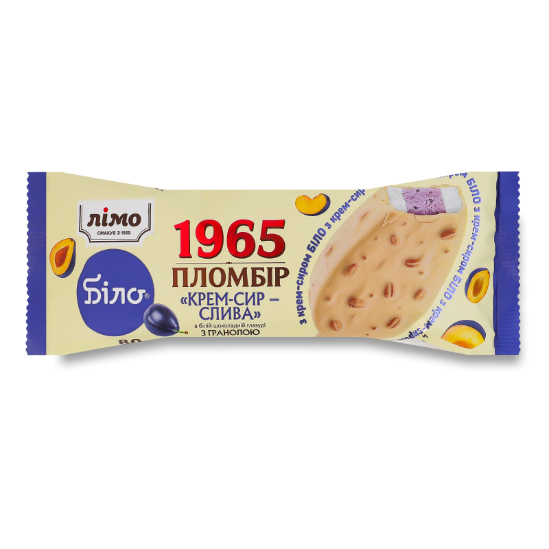 Морозиво Пломбір 1965 Крем-сир з наповнювачем Слива в шоколадній білій глазурі з гранолою ескімо 80г Лімо