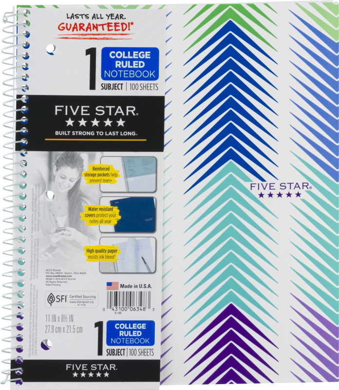 Mead Five Star 1 Subject Colleged Ruled Notebook 100 CT Mead