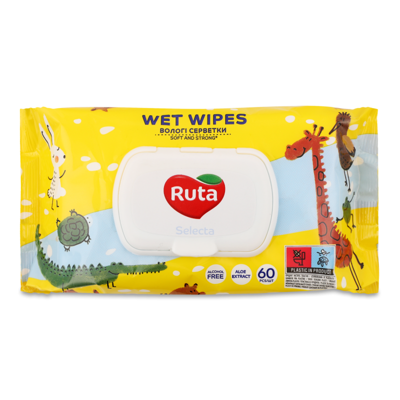 Серветка волога Selecta Веселі звірята з екстрактом алое 60шт Ruta