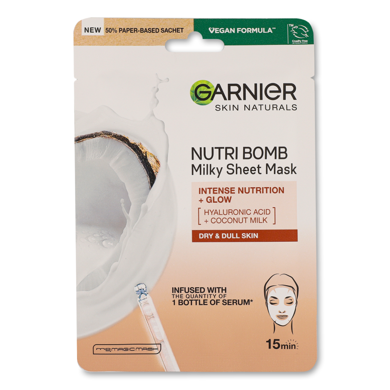 Маска д/обличчя Скін Нейчералз Нутрі Бомба з кокосовим молоком тканинна 28г Гарньє