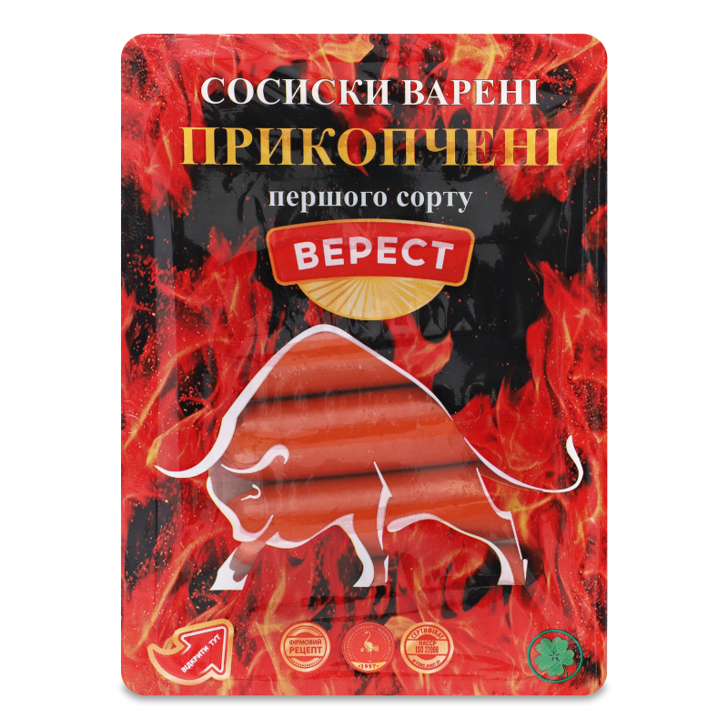Сосиски Прикопчені варені 1г 265г газ/уп Верест